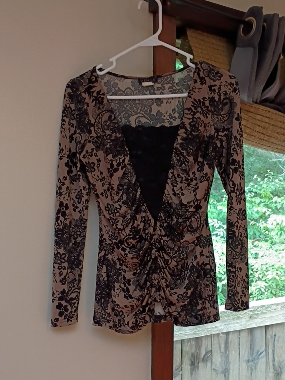 Venus Floral Beige & Black Top with Black Lace-Trim V-Neck